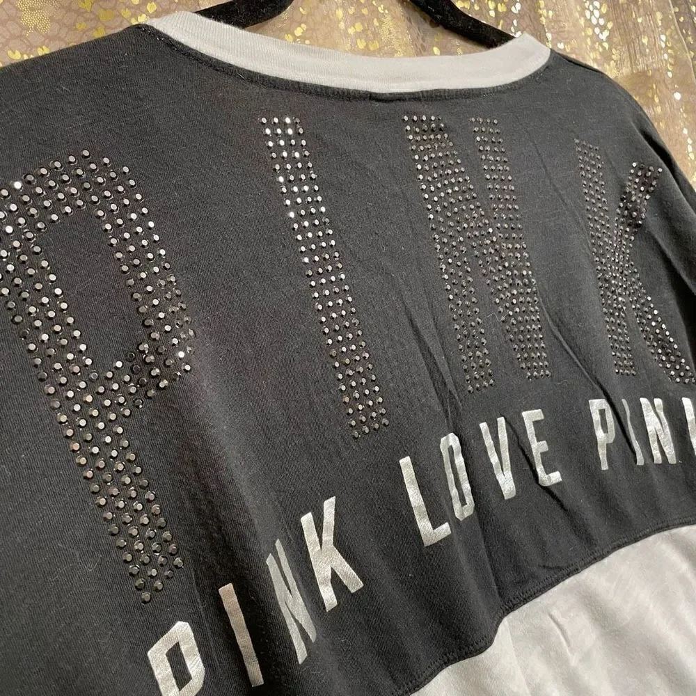 PINK Victorias Secret black/white rhinestone long sleeve t-shirt, S - Picture 5 of 6